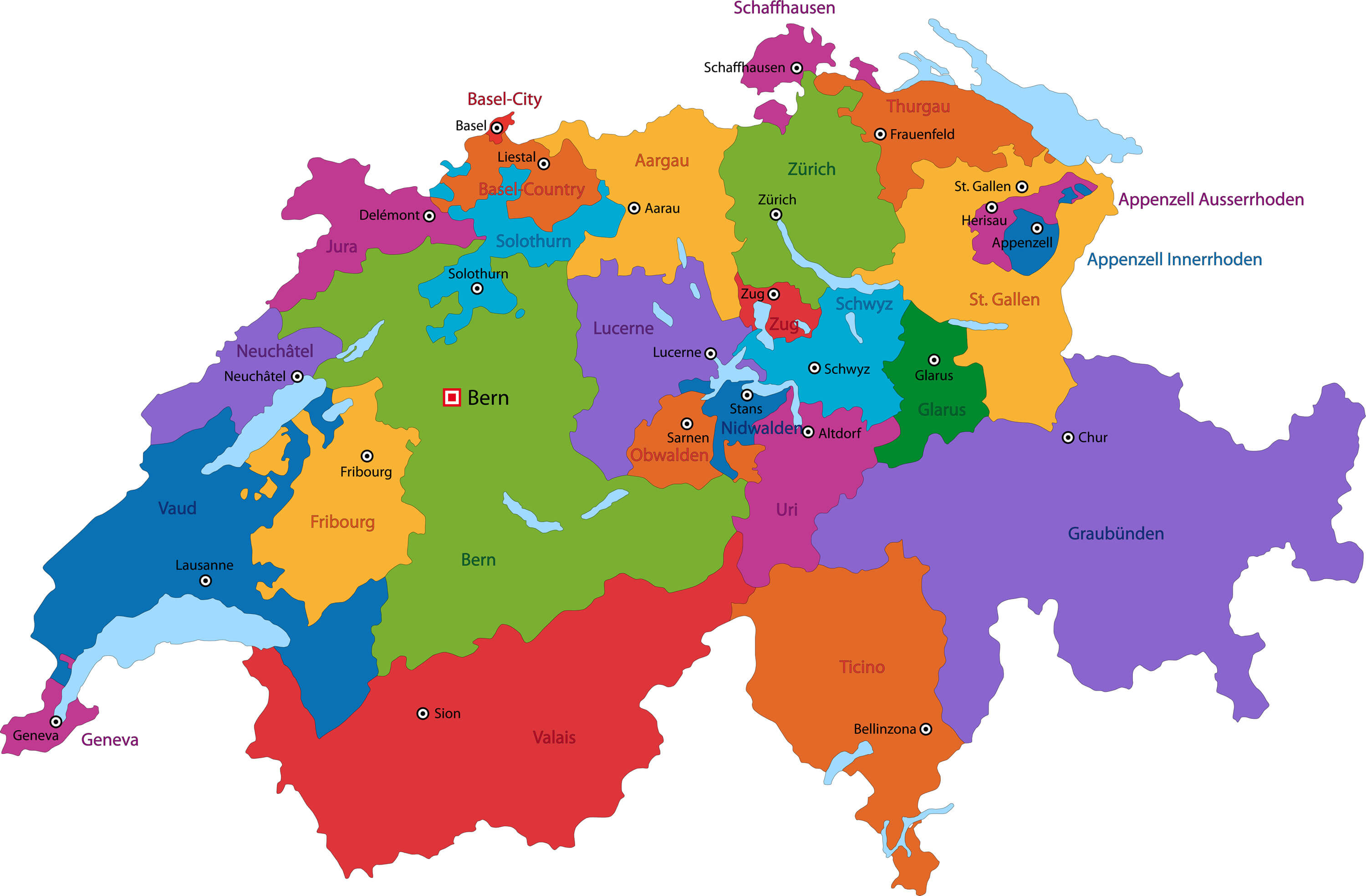 Carte coloree de Berne Suisse avec les etats et les principales villes